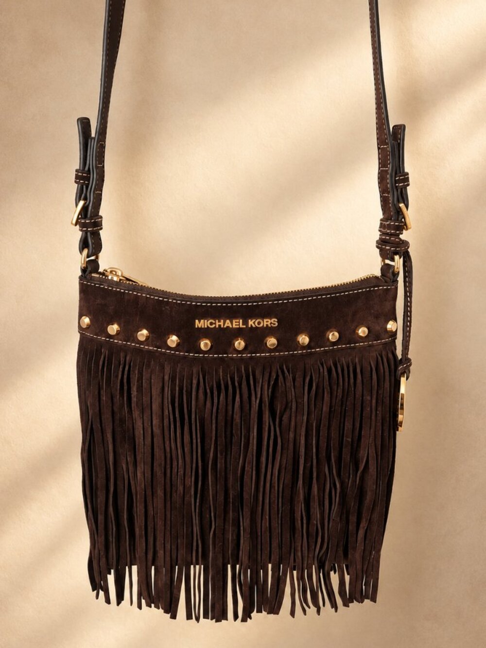 Michael Kors Brown Suede Fringe Studded Crossbody Bag Gold Hardware